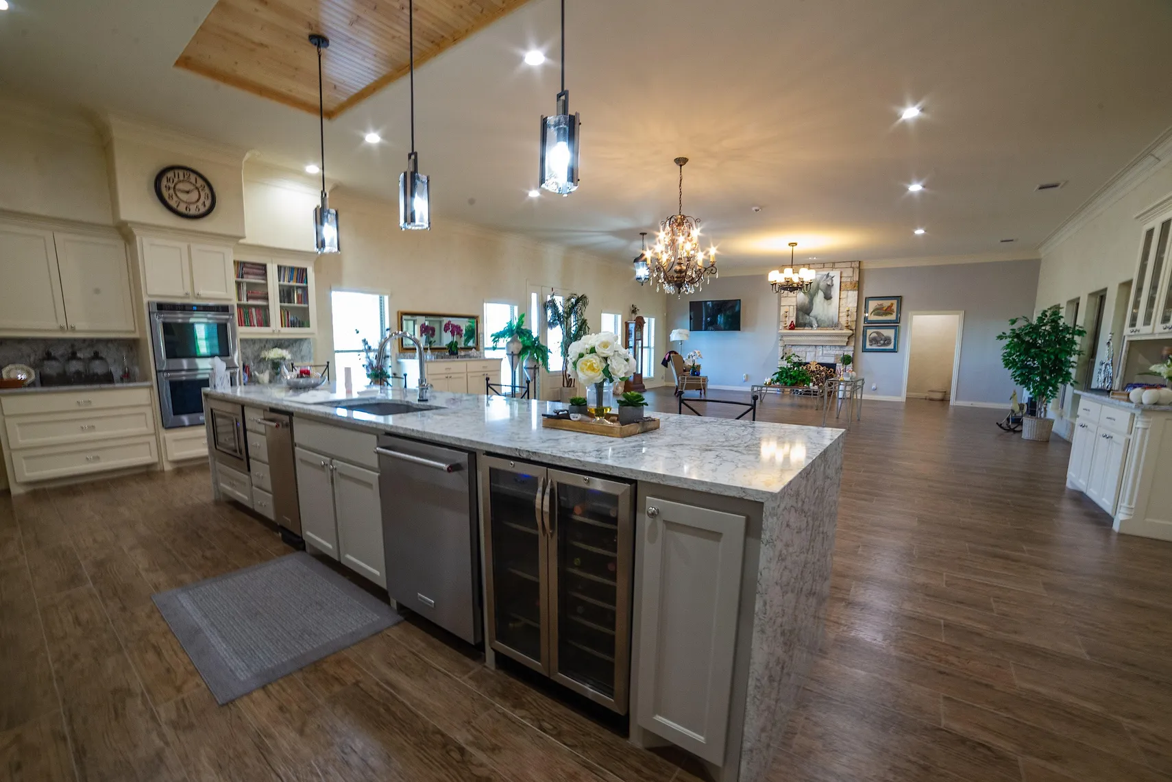 View from the kitchen island into the great room