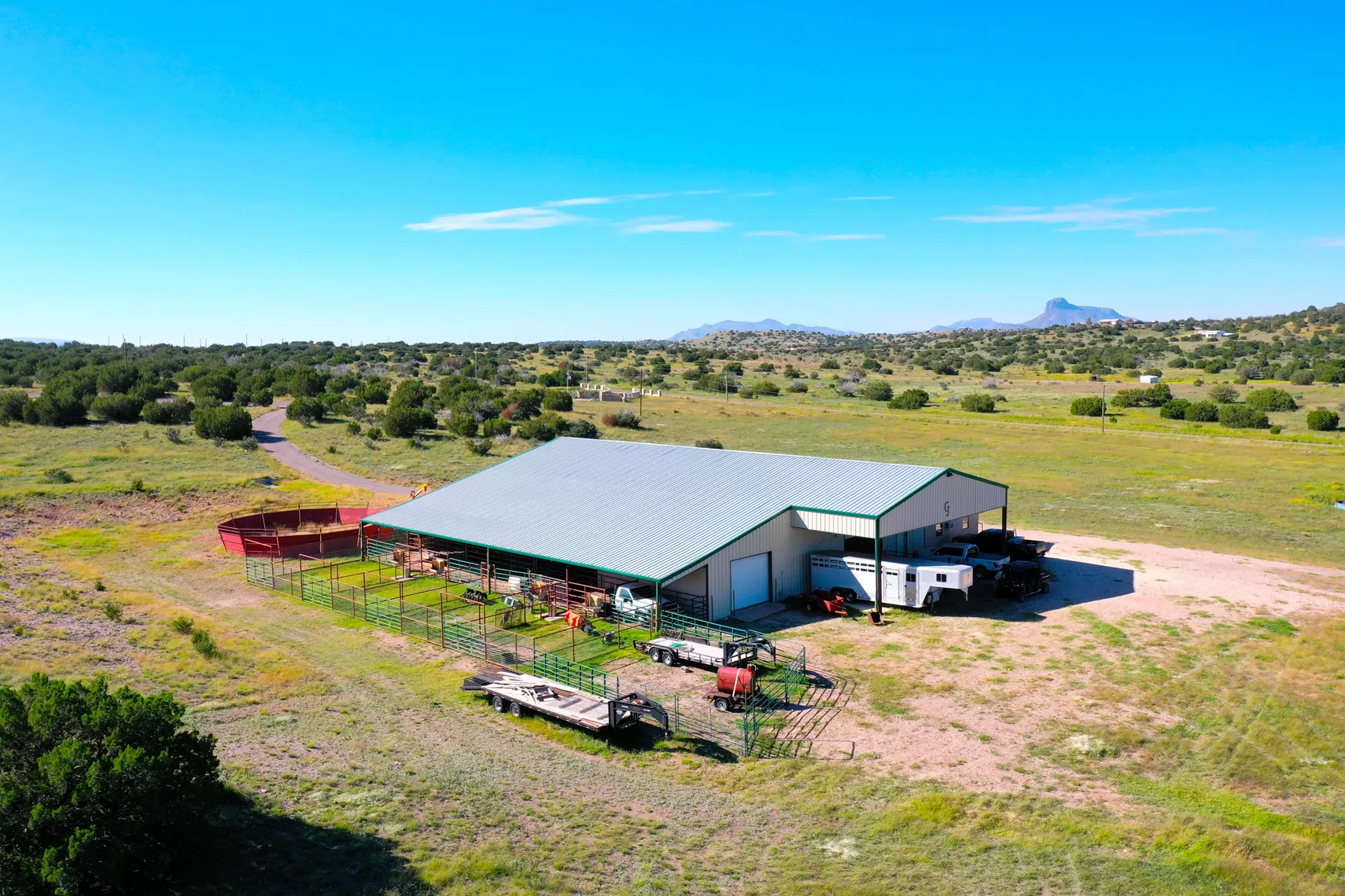 Aerial of the barn and pens looking southwest