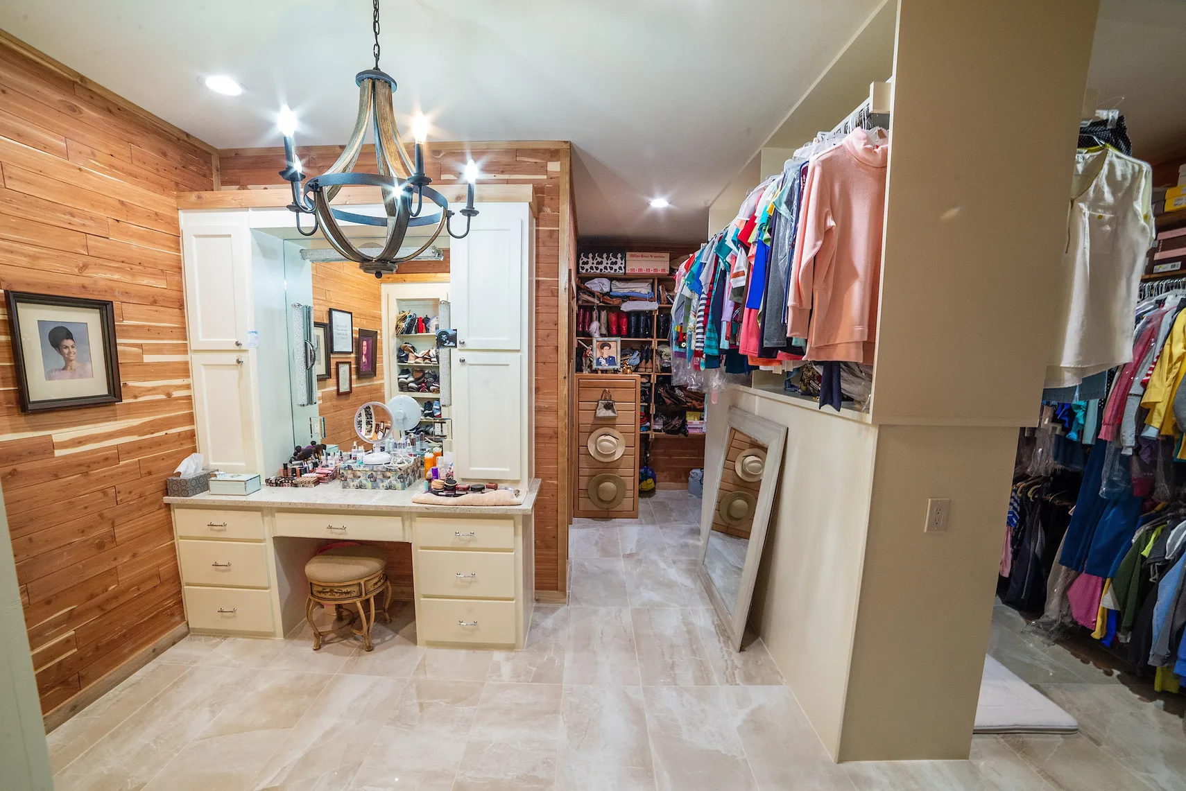 Cedar-lined primary closet with vanity